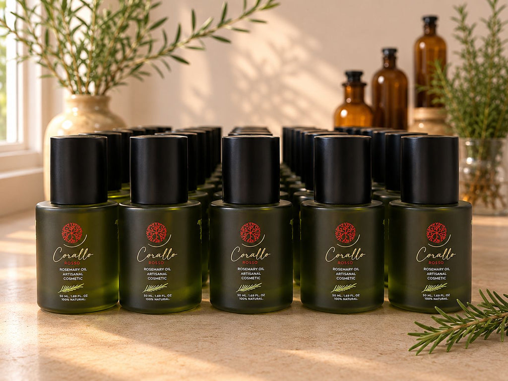 Corallo Rosso Organic Rosemary Hair Oil bottles.